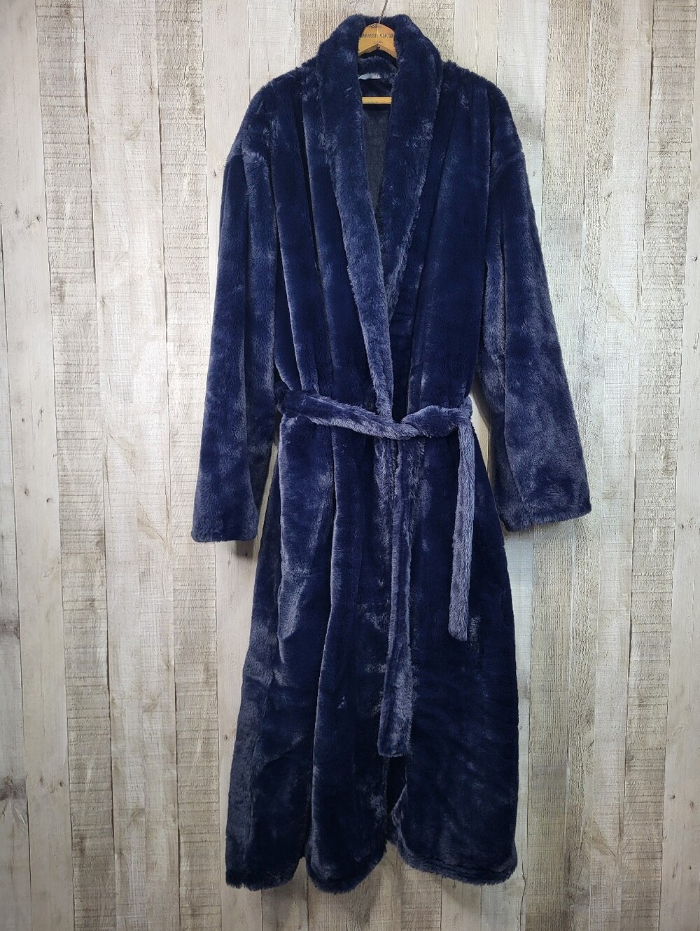 Minky Couture Plush Faux Fur Navy Bkue Robe Coat with Belt XL - Picture 2 of 10